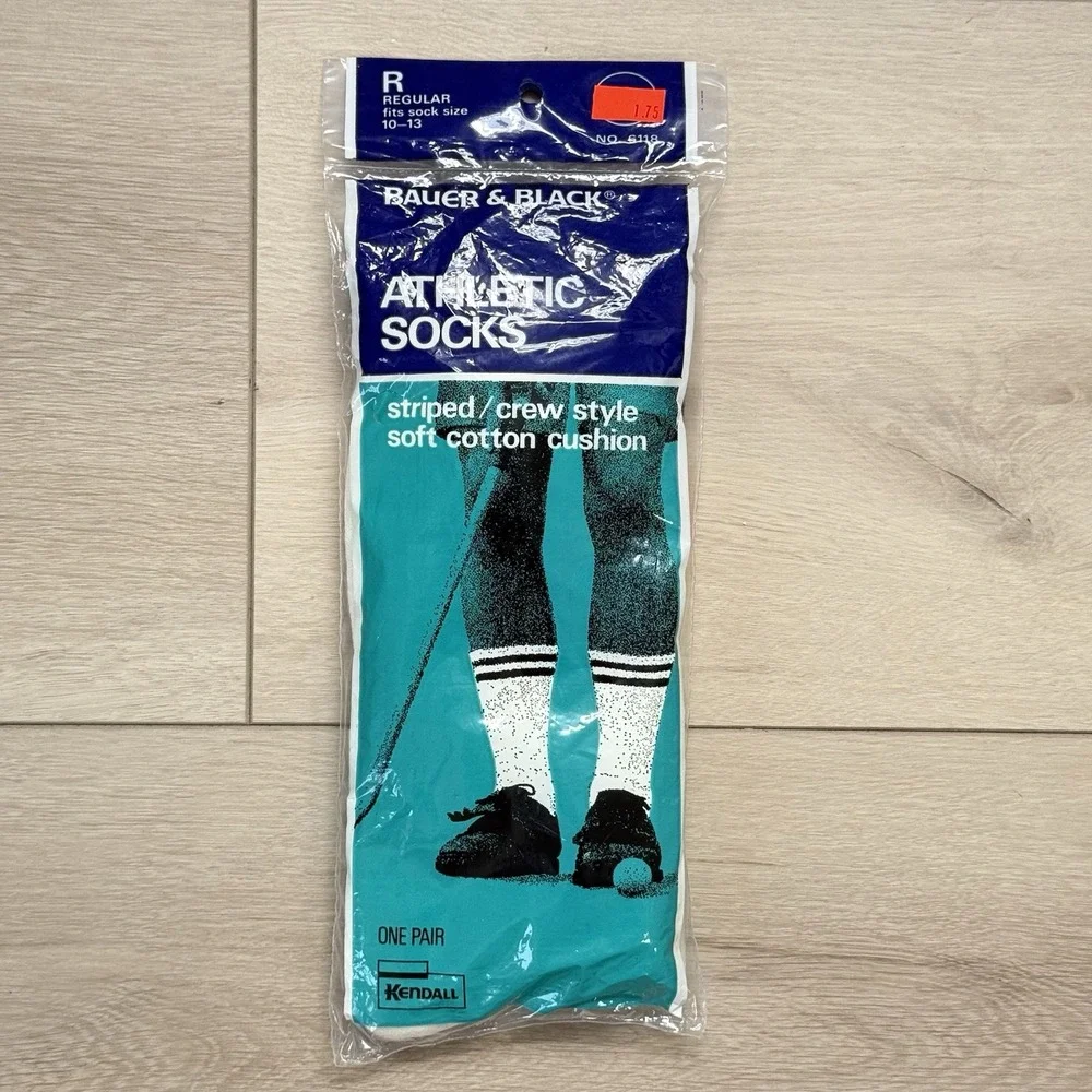Vtg Bauer & Black Athletic‎ Socks R 10–13 Navy Scarlet Striped Crew USA NIP
